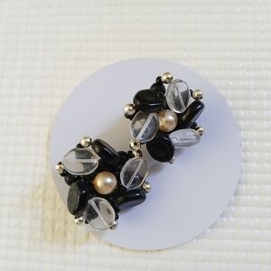 Vintage Large Black and White Clip Earrrings, glass/ plastic, 13/8", Japan,mint